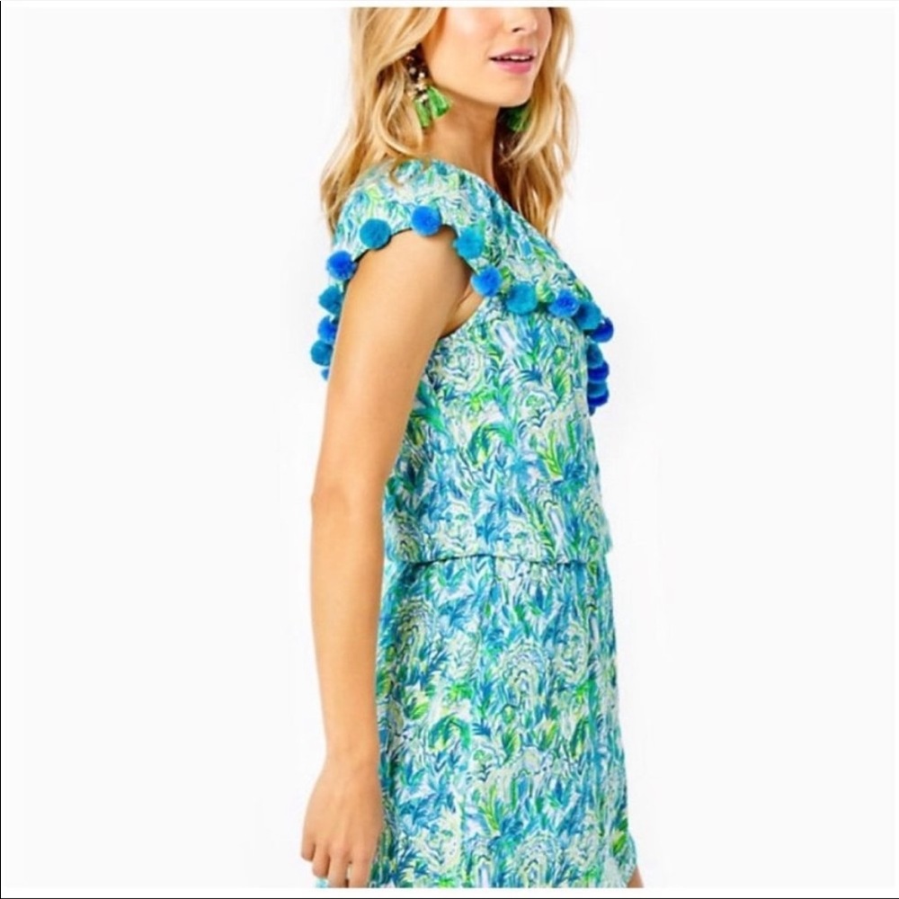 Lilly pulitzer Idara one shoulder skort romper with Pom Pom trim size Large. - Picture 2 of 3
